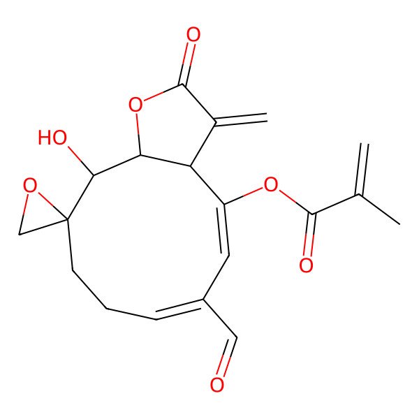 2D Structure of (6-formyl-11-hydroxy-3-methylidene-2-oxospiro[8,9,11,11a-tetrahydro-3aH-cyclodeca[b]furan-10,2'-oxirane]-4-yl) 2-methylprop-2-enoate