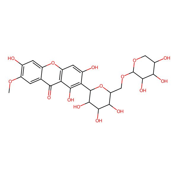 2D Structure of 1,3,6-Trihydroxy-7-methoxy-2-[3,4,5-trihydroxy-6-[(3,4,5-trihydroxyoxan-2-yl)oxymethyl]oxan-2-yl]xanthen-9-one