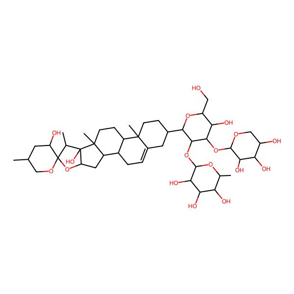 2D Structure of (2S,3R,4R,5R,6S)-2-[(2S,3S,4S,5S,6R)-2-[(1R,2S,3'S,4S,5'S,6S,7S,8S,9S,12S,13R,16S)-3',8-dihydroxy-5',7,9,13-tetramethylspiro[5-oxapentacyclo[10.8.0.02,9.04,8.013,18]icos-18-ene-6,2'-oxane]-16-yl]-5-hydroxy-6-(hydroxymethyl)-4-[(2S,3R,4S,5R)-3,4,5-trihydroxyoxan-2-yl]oxyoxan-3-yl]oxy-6-methyloxane-3,4,5-triol