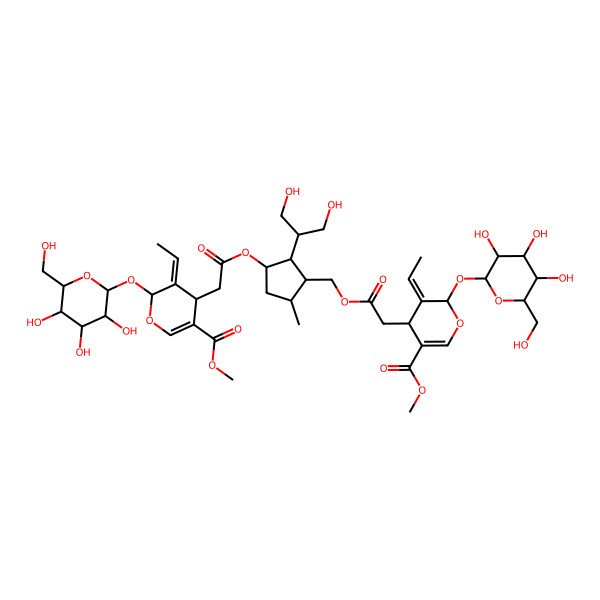 2D Structure of methyl (4S,5E,6S)-4-[2-[[(1R,2R,3S,5S)-2-(1,3-dihydroxypropan-2-yl)-3-[2-[(2S,3E,4S)-3-ethylidene-5-methoxycarbonyl-2-[(2S,3R,4S,5S,6R)-3,4,5-trihydroxy-6-(hydroxymethyl)oxan-2-yl]oxy-4H-pyran-4-yl]acetyl]oxy-5-methylcyclopentyl]methoxy]-2-oxoethyl]-5-ethylidene-6-[(2S,3R,4S,5S,6R)-3,4,5-trihydroxy-6-(hydroxymethyl)oxan-2-yl]oxy-4H-pyran-3-carboxylate