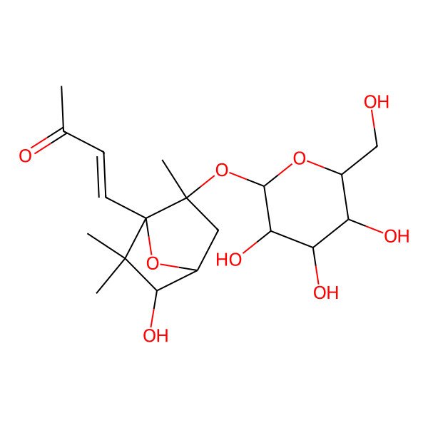 2D Structure of (E)-4-[(1S,3R,4S,6S)-3-hydroxy-2,2,6-trimethyl-6-[(2S,3R,4S,5S,6R)-3,4,5-trihydroxy-6-(hydroxymethyl)oxan-2-yl]oxy-7-oxabicyclo[2.2.1]heptan-1-yl]but-3-en-2-one