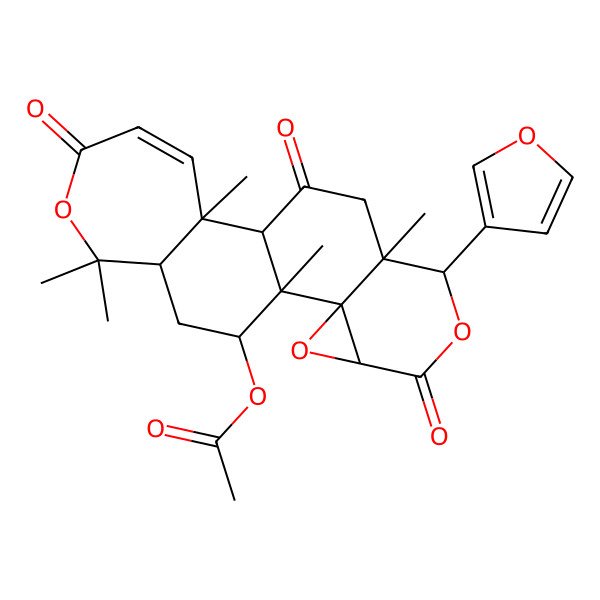 2D Structure of [7-(Furan-3-yl)-1,8,12,17,17-pentamethyl-5,10,15-trioxo-3,6,16-trioxapentacyclo[9.9.0.02,4.02,8.012,18]icos-13-en-20-yl] acetate