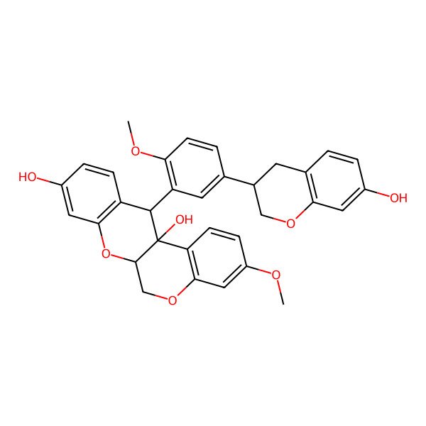 2D Structure of (6aR,12R,12aR)-12-[5-[(3R)-7-hydroxy-3,4-dihydro-2H-chromen-3-yl]-2-methoxyphenyl]-3-methoxy-6a,12-dihydro-6H-chromeno[2,3-c]chromene-9,12a-diol