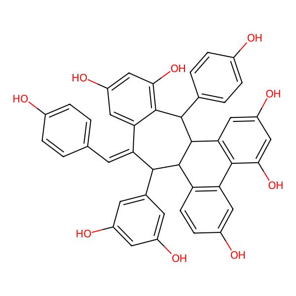 2D Structure of (1S,14R,15S,22Z,23S)-23-(3,5-dihydroxyphenyl)-15-(4-hydroxyphenyl)-22-[(4-hydroxyphenyl)methylidene]pentacyclo[12.9.0.02,7.08,13.016,21]tricosa-2(7),3,5,8(13),9,11,16(21),17,19-nonaene-5,9,11,17,19-pentol