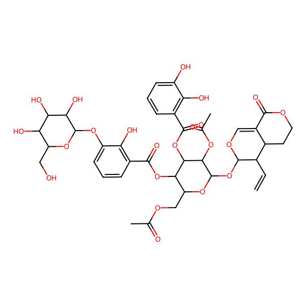 2D Structure of [(2R,3R,4S,5R,6S)-5-acetyloxy-2-(acetyloxymethyl)-6-[[(3R,4R,4aS)-4-ethenyl-8-oxo-4,4a,5,6-tetrahydro-3H-pyrano[3,4-c]pyran-3-yl]oxy]-3-[2-hydroxy-3-[(2S,3R,4S,5S,6R)-3,4,5-trihydroxy-6-(hydroxymethyl)oxan-2-yl]oxybenzoyl]oxyoxan-4-yl] 2,3-dihydroxybenzoate