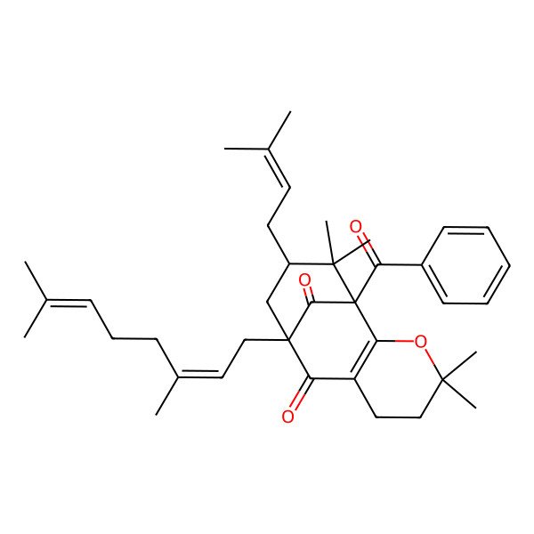 2D Structure of (1R,9S,11R)-1-benzoyl-9-[(2E)-3,7-dimethylocta-2,6-dienyl]-4,4,12,12-tetramethyl-11-(3-methylbut-2-enyl)-3-oxatricyclo[7.3.1.02,7]tridec-2(7)-ene-8,13-dione