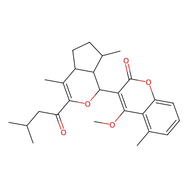 2D Structure of 3-[(1R,4aS,7S,7aR)-4,7-dimethyl-3-(3-methylbutanoyl)-1,4a,5,6,7,7a-hexahydrocyclopenta[c]pyran-1-yl]-4-methoxy-5-methylchromen-2-one