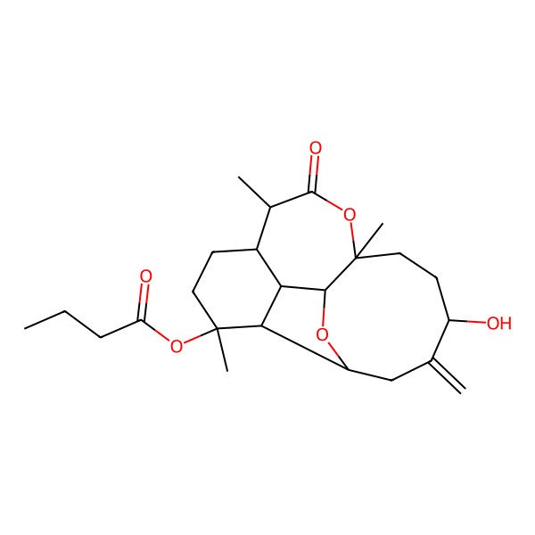 2D Structure of (14-Hydroxy-4,8,11-trimethyl-15-methylidene-9-oxo-10,18-dioxatetracyclo[9.7.0.02,7.03,17]octadecan-4-yl) butanoate