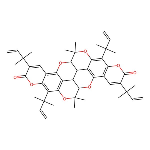 2D Structure of (1R,2R,15R,28R)-14,14,27,27-tetramethyl-7,11,20,24-tetrakis(2-methylbut-3-en-2-yl)-9,13,16,22,26,30-hexaoxaoctacyclo[15.11.1.14,28.02,15.03,12.05,10.018,23.025,29]triaconta-3,5(10),6,11,17(29),18(23),19,24-octaene-8,21-dione
