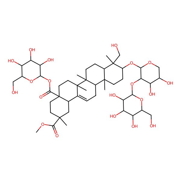 2D Structure of 2-O-methyl 4a-O-[3,4,5-trihydroxy-6-(hydroxymethyl)oxan-2-yl] 10-[4,5-dihydroxy-3-[3,4,5-trihydroxy-6-(hydroxymethyl)oxan-2-yl]oxyoxan-2-yl]oxy-9-(hydroxymethyl)-2,6a,6b,9,12a-pentamethyl-1,3,4,5,6,6a,7,8,8a,10,11,12,13,14b-tetradecahydropicene-2,4a-dicarboxylate