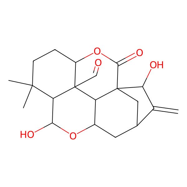 2D Structure of (1S,2R,4S,6S,8S,9R,13S,16S,17R)-2,8-dihydroxy-10,10-dimethyl-3-methylidene-15-oxo-7,14-dioxapentacyclo[7.6.2.11,4.06,16.013,17]octadecane-17-carbaldehyde