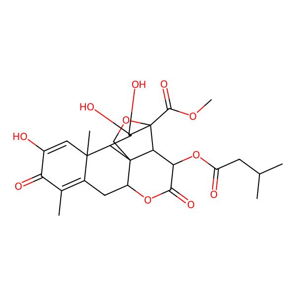 2D Structure of Methyl 11,15,16-trihydroxy-9,13-dimethyl-3-(3-methylbutanoyloxy)-4,10-dioxo-5,18-dioxapentacyclo[12.5.0.01,6.02,17.08,13]nonadeca-8,11-diene-17-carboxylate