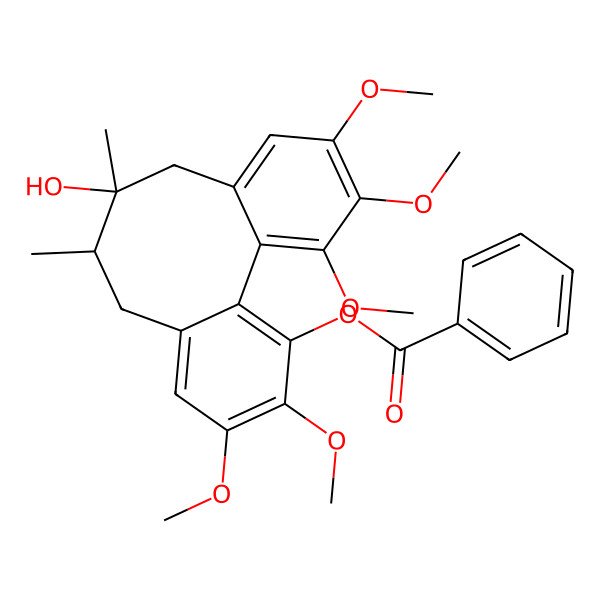 2D Structure of [(9R,10S)-10-hydroxy-4,5,14,15,16-pentamethoxy-9,10-dimethyl-3-tricyclo[10.4.0.02,7]hexadeca-1(16),2,4,6,12,14-hexaenyl] benzoate