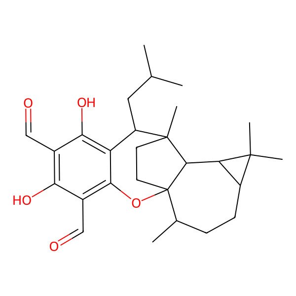 2D Structure of (1S,9R,10R,11R,12R,14R,17S)-5,7-dihydroxy-10,13,13,17-tetramethyl-9-(2-methylpropyl)-2-oxapentacyclo[8.7.2.01,11.03,8.012,14]nonadeca-3,5,7-triene-4,6-dicarbaldehyde