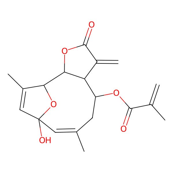 2D Structure of (11-Hydroxy-9,13-dimethyl-5-methylidene-4-oxo-3,14-dioxatricyclo[9.2.1.02,6]tetradeca-9,12-dien-7-yl) 2-methylprop-2-enoate