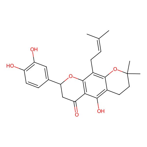 2D Structure of (8R)-8-(3,4-dihydroxyphenyl)-5-hydroxy-2,2-dimethyl-10-(3-methylbut-2-enyl)-3,4,7,8-tetrahydropyrano[3,2-g]chromen-6-one