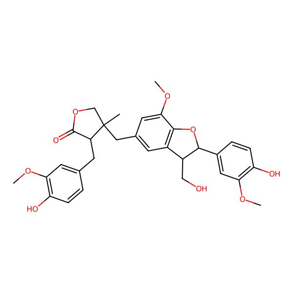 2D Structure of 4-[[2-(4-Hydroxy-3-methoxyphenyl)-3-(hydroxymethyl)-7-methoxy-2,3-dihydro-1-benzofuran-5-yl]methyl]-3-[(4-hydroxy-3-methoxyphenyl)methyl]-4-methyloxolan-2-one