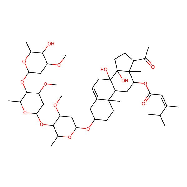 2D Structure of [(3S,8S,9R,10R,12R,13S,14R,17R)-17-acetyl-8,14-dihydroxy-3-[(2R,4S,5R,6R)-5-[(2S,4S,5R,6R)-5-[(2S,4S,5R,6R)-5-hydroxy-4-methoxy-6-methyloxan-2-yl]oxy-4-methoxy-6-methyloxan-2-yl]oxy-4-methoxy-6-methyloxan-2-yl]oxy-10,13-dimethyl-2,3,4,7,9,11,12,15,16,17-decahydro-1H-cyclopenta[a]phenanthren-12-yl] (E)-3,4-dimethylpent-2-enoate