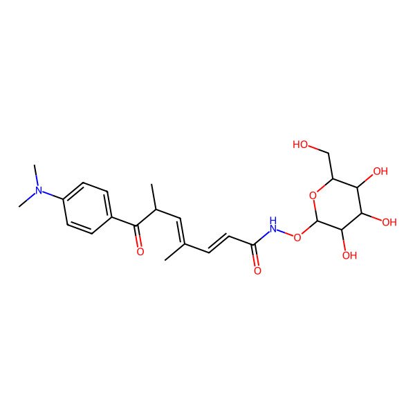 2D Structure of 7-[4-(dimethylamino)phenyl]-4,6-dimethyl-7-oxo-N-[3,4,5-trihydroxy-6-(hydroxymethyl)oxan-2-yl]oxyhepta-2,4-dienamide