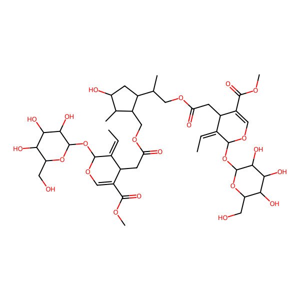 2D Structure of methyl (4S,5E,6S)-5-ethylidene-4-[2-[[(1R,2R,3S,5S)-5-[(2R)-1-[2-[(2S,3E,4S)-3-ethylidene-5-methoxycarbonyl-2-[(2S,3R,4S,5S,6R)-3,4,5-trihydroxy-6-(hydroxymethyl)oxan-2-yl]oxy-4H-pyran-4-yl]acetyl]oxypropan-2-yl]-3-hydroxy-2-methylcyclopentyl]methoxy]-2-oxoethyl]-6-[(2S,3R,4S,5S,6R)-3,4,5-trihydroxy-6-(hydroxymethyl)oxan-2-yl]oxy-4H-pyran-3-carboxylate