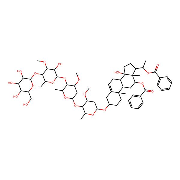 2D Structure of [(3S,8R,9S,10R,12R,13S,14S,17S)-17-[(1S)-1-benzoyloxyethyl]-14-hydroxy-3-[(2R,4S,5R,6R)-5-[(2S,4S,5R,6R)-5-[(2S,3R,4R,5R,6R)-3-hydroxy-4-methoxy-6-methyl-5-[(2S,3R,4S,5R,6R)-3,4,5-trihydroxy-6-(hydroxymethyl)oxan-2-yl]oxyoxan-2-yl]oxy-4-methoxy-6-methyloxan-2-yl]oxy-4-methoxy-6-methyloxan-2-yl]oxy-10,13-dimethyl-1,2,3,4,7,8,9,11,12,15,16,17-dodecahydrocyclopenta[a]phenanthren-12-yl] benzoate