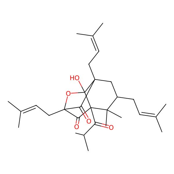 2D Structure of 8-Hydroxy-4,4-dimethyl-1,5,7-tris(3-methylbut-2-enyl)-3-(2-methylpropanoyl)-9-oxatricyclo[5.2.1.03,8]decane-2,10-dione