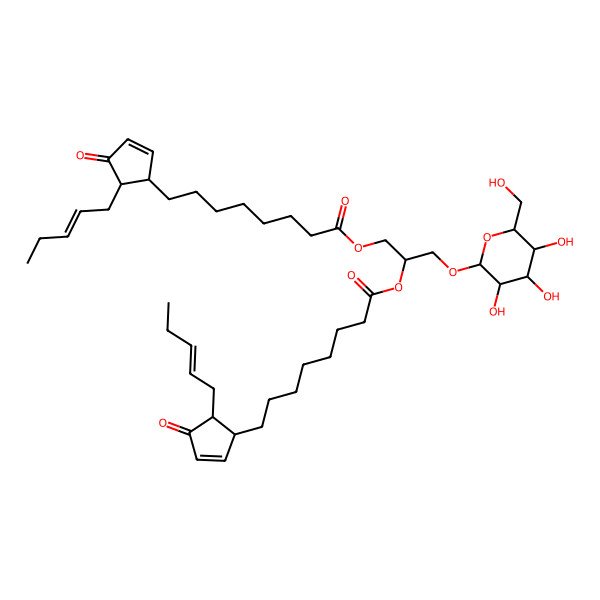 2D Structure of [(2S)-2-[8-[(1R,5R)-4-oxo-5-[(Z)-pent-2-enyl]cyclopent-2-en-1-yl]octanoyloxy]-3-[(2R,3R,4S,5R,6R)-3,4,5-trihydroxy-6-(hydroxymethyl)oxan-2-yl]oxypropyl] 8-[(1R,5R)-4-oxo-5-[(Z)-pent-2-enyl]cyclopent-2-en-1-yl]octanoate