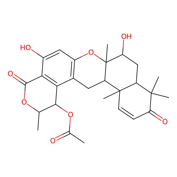 2D Structure of (10,15-Dihydroxy-6,14,18,18,22-pentamethyl-8,19-dioxo-7,13-dioxapentacyclo[12.8.0.03,12.04,9.017,22]docosa-3(12),4(9),10,20-tetraen-5-yl) acetate