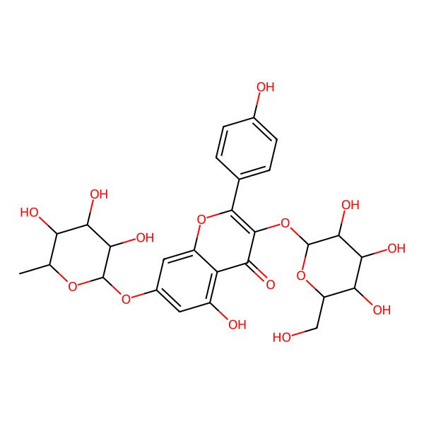 2D Structure of 5-hydroxy-2-(4-hydroxyphenyl)-3-[(2S,3R,4S,5S,6R)-3,4,5-trihydroxy-6-(hydroxymethyl)oxan-2-yl]oxy-7-[(2S,3S,4S,5S,6R)-3,4,5-trihydroxy-6-methyloxan-2-yl]oxychromen-4-one