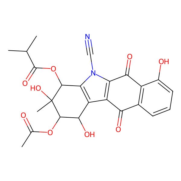 2D Structure of [(1S,2R,3R,4R)-2-Acetyloxy-5-cyano-1,3,7-trihydroxy-3-methyl-6,11-dioxo-2,4-dihydro-1H-benzo[h]carbazol-4-yl] 2-methylpropanoate