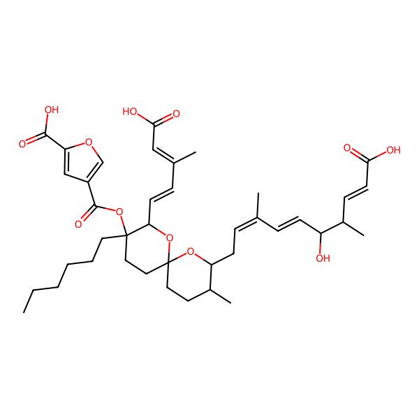 2D Structure of 4-[[8-(9-Carboxy-6-hydroxy-3,7-dimethylnona-2,4,8-trienyl)-2-(4-carboxy-3-methylbuta-1,3-dienyl)-3-hexyl-9-methyl-1,7-dioxaspiro[5.5]undecan-3-yl]oxycarbonyl]furan-2-carboxylic acid
