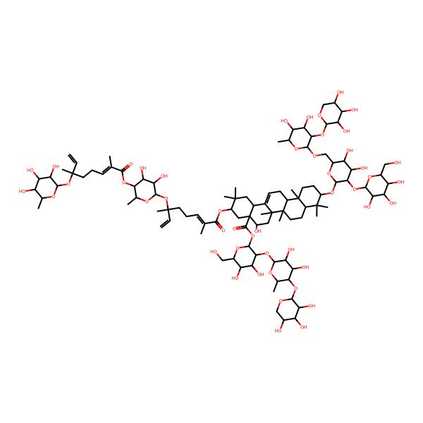 2D Structure of [3-[3,4-Dihydroxy-6-methyl-5-(3,4,5-trihydroxyoxan-2-yl)oxyoxan-2-yl]oxy-4,5-dihydroxy-6-(hydroxymethyl)oxan-2-yl] 10-[6-[[4,5-dihydroxy-6-methyl-3-(3,4,5-trihydroxyoxan-2-yl)oxyoxan-2-yl]oxymethyl]-4,5-dihydroxy-3-[3,4,5-trihydroxy-6-(hydroxymethyl)oxan-2-yl]oxyoxan-2-yl]oxy-3-[6-[5-[2,6-dimethyl-6-(3,4,5-trihydroxy-6-methyloxan-2-yl)oxyocta-2,7-dienoyl]oxy-3,4-dihydroxy-6-methyloxan-2-yl]oxy-2,6-dimethylocta-2,7-dienoyl]oxy-5-hydroxy-2,2,6a,6b,9,9,12a-heptamethyl-1,3,4,5,6,6a,7,8,8a,10,11,12,13,14b-tetradecahydropicene-4a-carboxylate