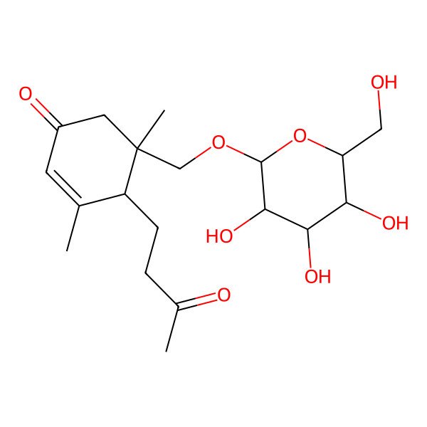 2D Structure of 3,5-Dimethyl-4-(3-oxobutyl)-5-[[3,4,5-trihydroxy-6-(hydroxymethyl)oxan-2-yl]oxymethyl]cyclohex-2-en-1-one