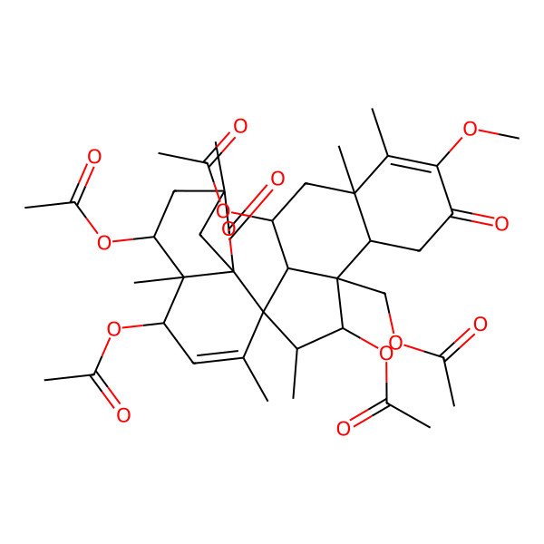 2D Structure of (1',4',5,7-tetraacetyloxy-7'-methoxy-2',3,5'a,6,6',9-hexamethyl-8',10-dioxospiro[11-oxatricyclo[7.2.1.01,6]dodec-3-ene-2,3'-2,3a,4,5,9,9a-hexahydro-1H-cyclopenta[a]naphthalene]-9'b-yl)methyl acetate