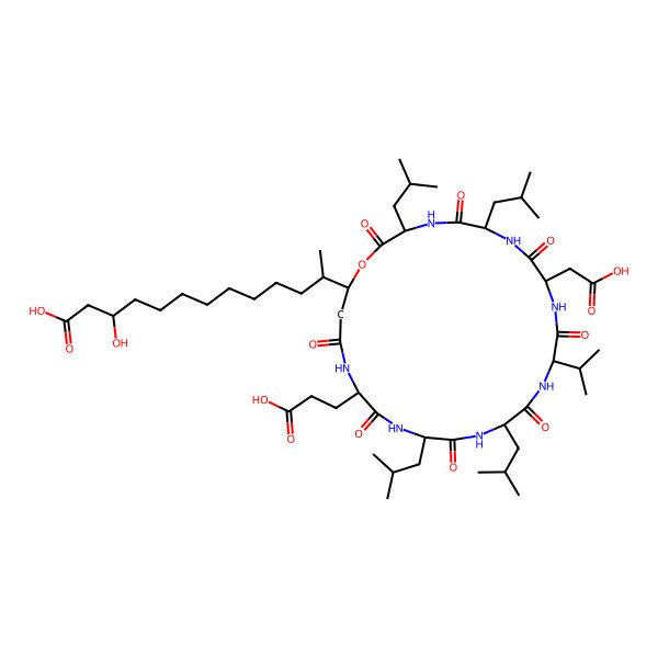 2D Structure of (3S,12R)-12-[(3S,6R,9S,12S,15R,18S,21S,25S)-21-(2-carboxyethyl)-9-(carboxymethyl)-3,6,15,18-tetrakis(2-methylpropyl)-2,5,8,11,14,17,20,23-octaoxo-12-propan-2-yl-1-oxa-4,7,10,13,16,19,22-heptazacyclopentacos-25-yl]-3-hydroxytridecanoic acid