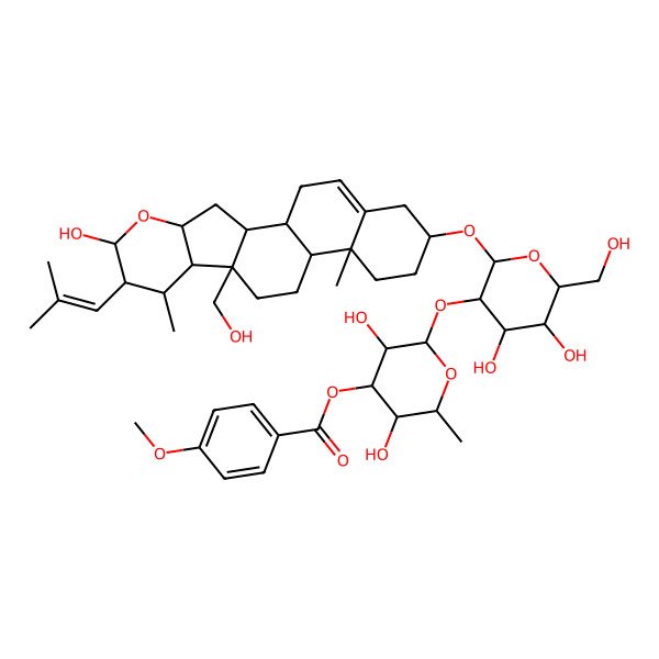 2D Structure of [(2R,3S,4R,5S,6S)-2-[(2S,3S,4R,5R,6S)-4,5-dihydroxy-2-[[(1S,2R,4S,6S,7R,8R,9S,10S,13S,14R,17R)-6-hydroxy-10-(hydroxymethyl)-8,14-dimethyl-7-(2-methylprop-1-enyl)-5-oxapentacyclo[11.8.0.02,10.04,9.014,19]henicos-19-en-17-yl]oxy]-6-(hydroxymethyl)oxan-3-yl]oxy-3,5-dihydroxy-6-methyloxan-4-yl] 4-methoxybenzoate