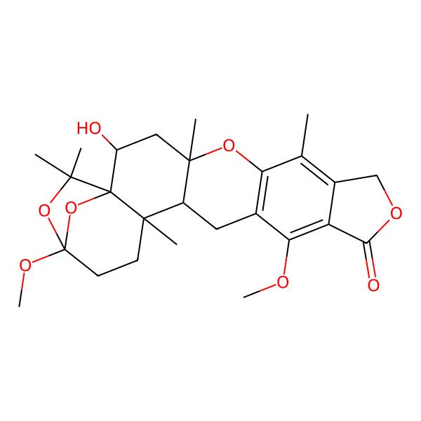 2D Structure of (3S)-1,2,3,6,7,7a,10,14,14abeta,14b-Decahydro-6alpha-hydroxy-3alpha,13-dimethoxy-5,5,7abeta,9,14balpha-pentamethyl-12H-3beta,5abeta-epoxy-5H-furo[3,4-i]oxepino[4,3-a]xanthen-12-one
