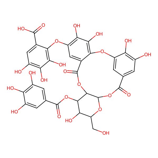 2D Structure of 3,4,5-trihydroxy-2-[[(11S,13R,16S)-4,5,13,21,22-pentahydroxy-14-(hydroxymethyl)-9,18-dioxo-12-(3,4,5-trihydroxybenzoyl)oxy-2,10,15,17-tetraoxatetracyclo[17.3.1.03,8.011,16]tricosa-1(23),3,5,7,19,21-hexaen-6-yl]oxy]benzoic acid