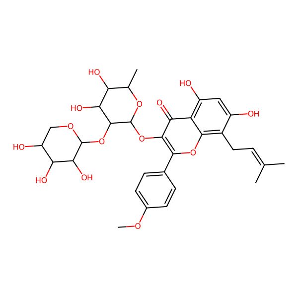 2D Structure of 3-[4,5-dihydroxy-6-methyl-3-[(2R)-3,4,5-trihydroxyoxan-2-yl]oxyoxan-2-yl]oxy-5,7-dihydroxy-2-(4-methoxyphenyl)-8-(3-methylbut-2-enyl)chromen-4-one