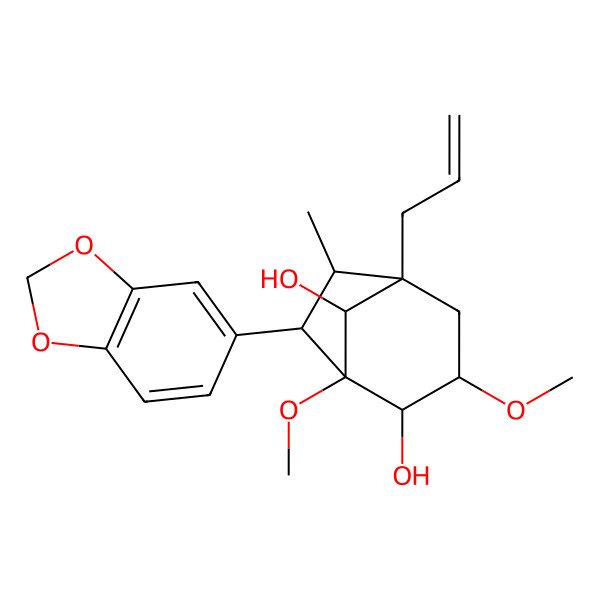 2D Structure of (1R,2R,3S,5S,6S,7R,8R)-7-(1,3-benzodioxol-5-yl)-1,3-dimethoxy-6-methyl-5-prop-2-enylbicyclo[3.2.1]octane-2,8-diol