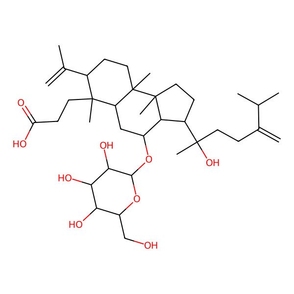 2D Structure of 3-[(3S,3aR,4R,5aR,6S,7S,9aR,9bR)-3-[(2S)-2-hydroxy-6-methyl-5-methylideneheptan-2-yl]-6,9a,9b-trimethyl-7-prop-1-en-2-yl-4-[(2R,3R,4S,5S,6R)-3,4,5-trihydroxy-6-(hydroxymethyl)oxan-2-yl]oxy-1,2,3,3a,4,5,5a,7,8,9-decahydrocyclopenta[a]naphthalen-6-yl]propanoic acid