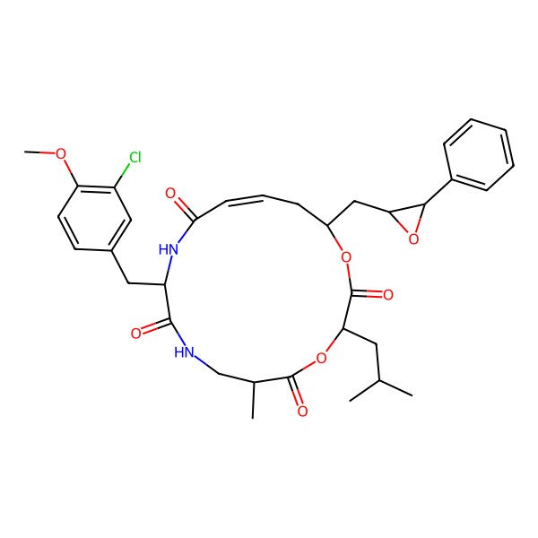 2D Structure of 10-[(3-Chloro-4-methoxyphenyl)methyl]-6-methyl-3-(2-methylpropyl)-16-[(3-phenyloxiran-2-yl)methyl]-1,4-dioxa-8,11-diazacyclohexadec-13-ene-2,5,9,12-tetrone
