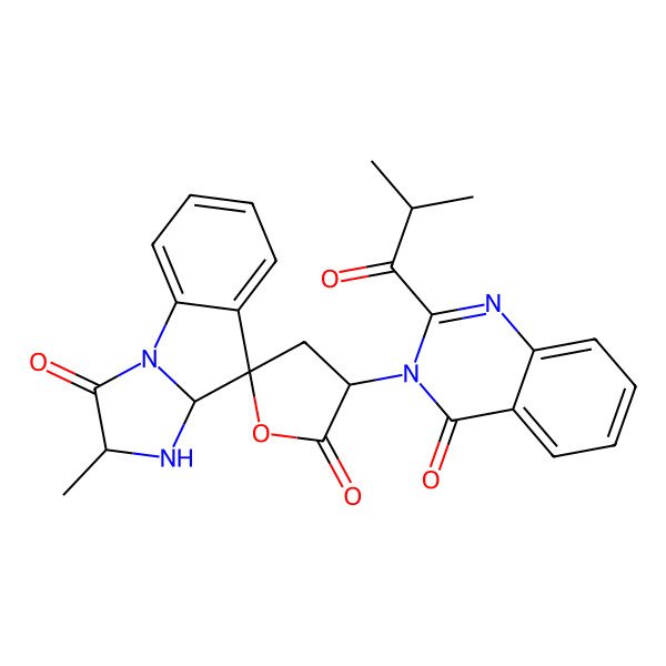 2D Structure of 2-Methyl-4'-[2-(2-methylpropanoyl)-4-oxoquinazolin-3(4H)-yl]-1,9a-dihydrospiro[imidazo[1,2-a]indole-9,2'-oxolane]-3,5'(2H)-dione