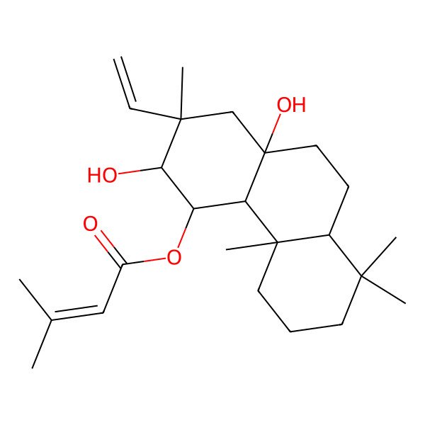 2D Structure of (2-Ethenyl-3,10a-dihydroxy-2,4b,8,8-tetramethyl-1,3,4,4a,5,6,7,8a,9,10-decahydrophenanthren-4-yl) 3-methylbut-2-enoate 2D Structure of (2-Ethenyl-3,10a-dihydroxy-2,4b,8,8-tetramethyl-1,3,4,4a,5,6,7,8a,9,10-decahydrophenanthren-4-yl) 3-methylbut-2-enoate