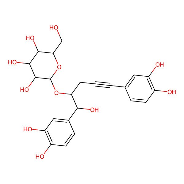 2D Structure of (2R,3R,4S,5R,6R)-2-[(1R,2R)-1,5-bis(3,4-dihydroxyphenyl)-1-hydroxypent-4-yn-2-yl]oxy-6-(hydroxymethyl)oxane-3,4,5-triol