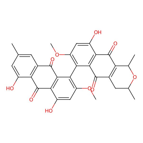 2D Structure of (1S,3S)-6-(4,5-dihydroxy-2-methoxy-7-methyl-9,10-dioxoanthracen-1-yl)-9-hydroxy-7-methoxy-1,3-dimethyl-3,4-dihydro-1H-benzo[g]isochromene-5,10-dione