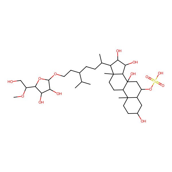 2D Structure of [(3S,5S,6S,8S,9R,10S,13R,14S,15R,16R,17R)-17-[(2R,5R)-5-[2-[(2R,3R,4R,5R)-3,4-dihydroxy-5-[(1R)-2-hydroxy-1-methoxyethyl]oxolan-2-yl]oxyethyl]-6-methylheptan-2-yl]-3,8,15,16-tetrahydroxy-10,13-dimethyl-1,2,3,4,5,6,7,9,11,12,14,15,16,17-tetradecahydrocyclopenta[a]phenanthren-6-yl] hydrogen sulfate