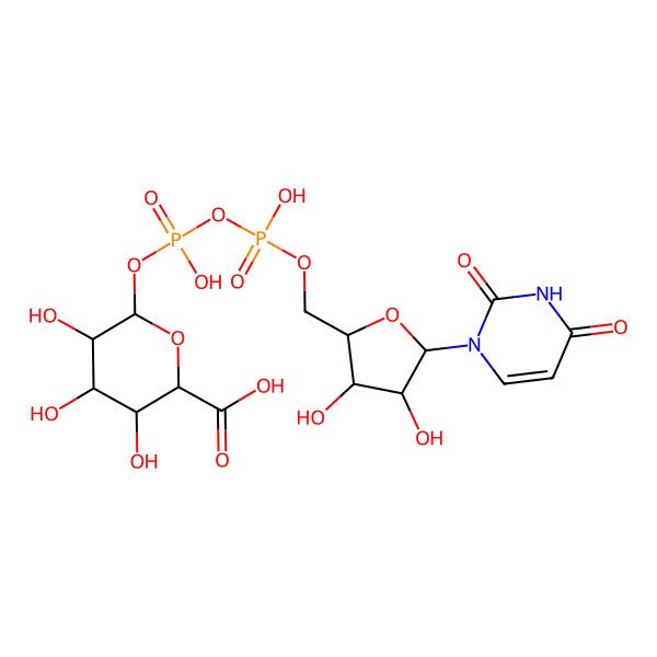 2D Structure of (2S,3R,4S,5R,6R)-6-[[[(2R,3R,4S,5R)-5-(2,4-dioxopyrimidin-1-yl)-3,4-dihydroxyoxolan-2-yl]methoxy-hydroxyphosphoryl]oxy-hydroxyphosphoryl]oxy-3,4,5-trihydroxyoxane-2-carboxylic acid