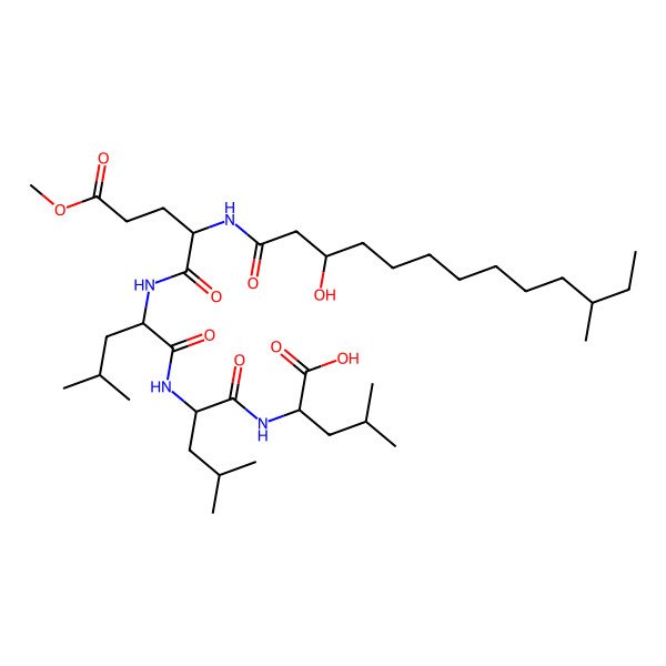 2D Structure of 2-[[2-[[2-[[2-[(3-Hydroxy-11-methyltridecanoyl)amino]-5-methoxy-5-oxopentanoyl]amino]-4-methylpentanoyl]amino]-4-methylpentanoyl]amino]-4-methylpentanoic acid