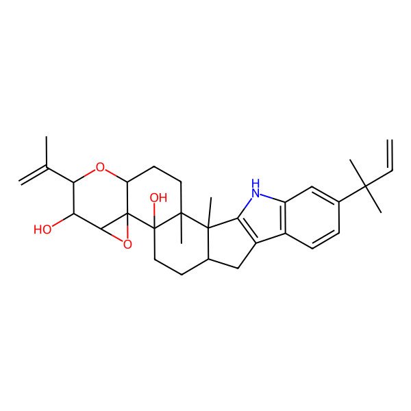 2D Structure of 1,2-Dimethyl-21-(2-methylbut-3-en-2-yl)-7-prop-1-en-2-yl-6,10-dioxa-24-azaheptacyclo[13.10.0.02,12.05,11.09,11.017,25.018,23]pentacosa-17(25),18(23),19,21-tetraene-8,12-diol